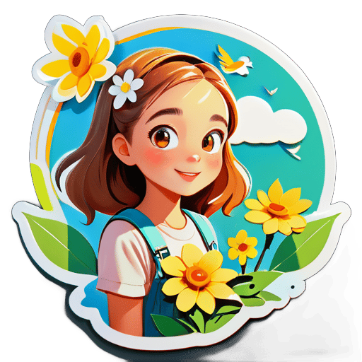 a young girl holds a flower in the summer, the weather is sunny, and some birds flying in the sky, and some birds lay on the tree. sticker