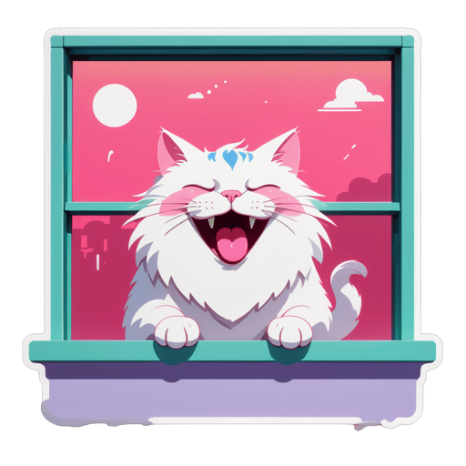 Windowsillにいる眠そうな猫：くつろいでおり、広くあくびをして、ピンクの舌を見せている。 sticker