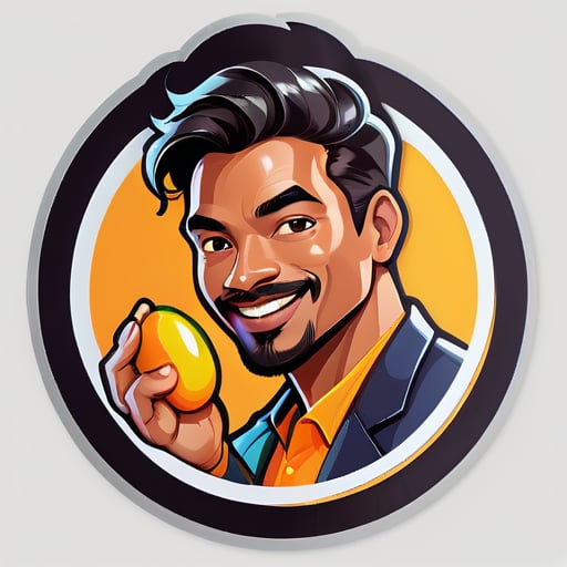 a man with mango
 sticker