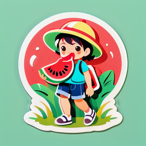 In the summer, eating watermelon, using a fan, children walking in the fields to cool off sticker