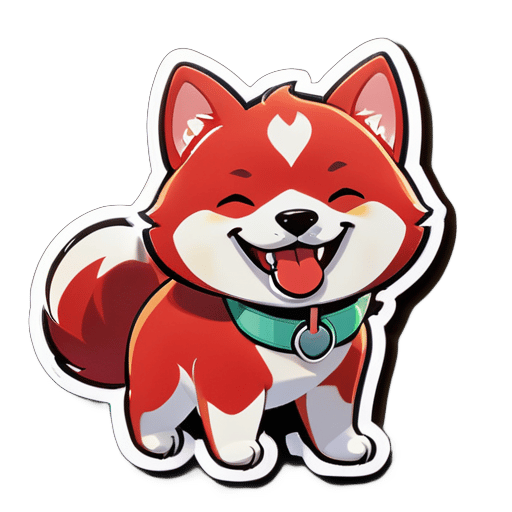 Một chú chó Shiba Inu màu đỏ dễ thương trong phong cách hoạt hình, mỉm cười, lè lưỡi, đeo một chiếc bảng tên, nội dung trên bảng tên là "Mười bảy" sticker