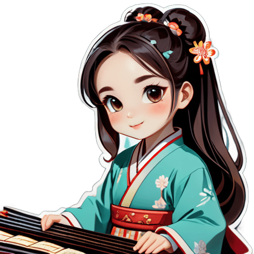 A young girl, wearing Hanfu, playing the guzheng in a study with rows of bookshelves in the background. sticker