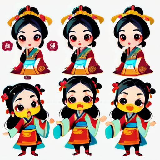 cute and humorous chinese ancient girl in a version, with big eyes, stickers, 16 different facial expressions, expression board, various poses and expressions, anthropomorphic style, ancient and classical style, displaying a variety of emotions., in clothes sticker
