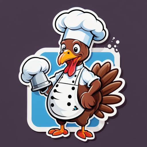 A turkey with a chef hat in its left hand and a cooking timer in its right hand sticker
