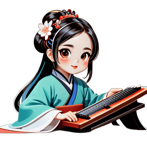 一个年轻的女孩子，穿着改良版的现代汉服，在背景为有书柜和书的书房里弹奏古筝，要求中国古典文化和现代元素，让人感受到中国风情的同时也具有一定的时尚感。 sticker