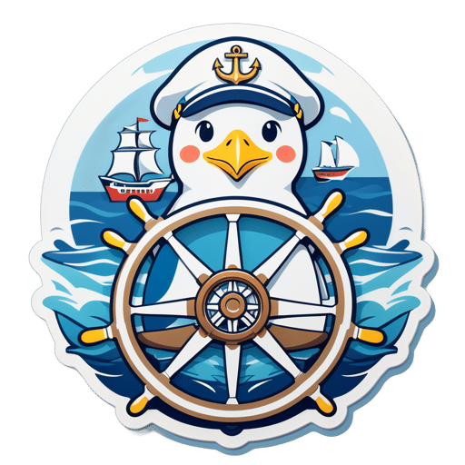 A seagull with a sailor hat in its left hand and a ship wheel in its right hand sticker
