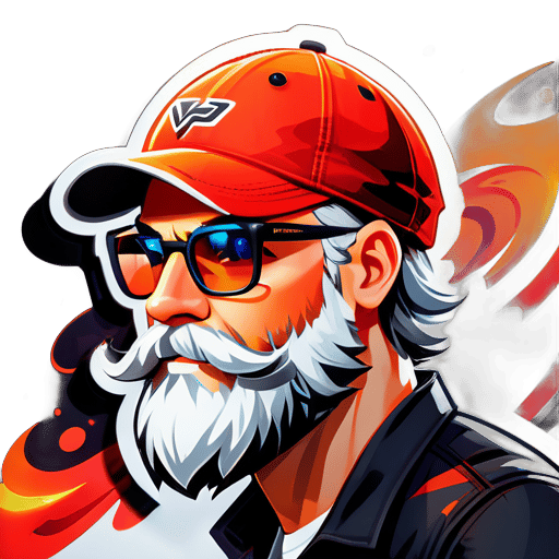 Beard: Well-groomed, stylish white beard for a touch of maturity without appearing too old.
Glasses: Modern, sleek black glasses adding sophistication and intelligence.
Cap: Sporty cricket-style cap worn upside-down for a unique and playful touch.
Background: Fiery effects or flames in the backdrop to represent the intense action of Free Fire gaming. sticker