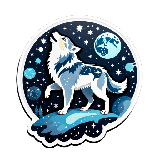 Um lobo com um pingente de lua em sua mão esquerda e um mapa estelar em sua mão direita sticker