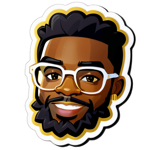 Crear un sticker para un chico negro con gafas doradas que sea programador y tenga un estilo de barba sin afeitar y no mucho cabello sticker