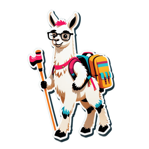 A llama with a backpack in its left hand and a walking stick in its right hand sticker