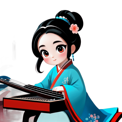 Help me design a cartoon avatar for use on the website, a little girl playing the guzheng, Chinese style, modern yet classical: Little girl character design: She should be a cute, young girl with big eyes and soft facial features. Wearing traditional Hanfu or a modernized version of Hanfu, retaining elements of Chinese traditional clothing, but can incorporate some modern designs, such as popular elements or accessories in certain details. Long hair draped over her shoulders, can also be styled in a classical hair bun, adorned with hairpins or hair accessories. Guzheng: The guzheng should be a prominently visible instrument, designed as the little girl playing the guzheng attentively. The design of the guzheng should adhere to traditional Chinese styles, but can also incorporate some modern elements, such as more colors or decorations. Background design: The background can be simple lines or some Chinese-style patterns, such as clouds, landscapes, ancient architecture, etc. Consider adding some modern elements to the background, such as city skylines, modern buildings, to highlight a sense of modernity. Color selection: Primarily use soft tones, such as light pink, light blue, etc. Incorporate some traditional Chinese colors into the palette, such as red. sticker