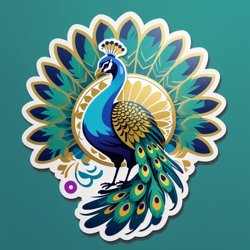 Un pavo real con un abanico de plumas en su mano izquierda y un espejo en su mano derecha sticker