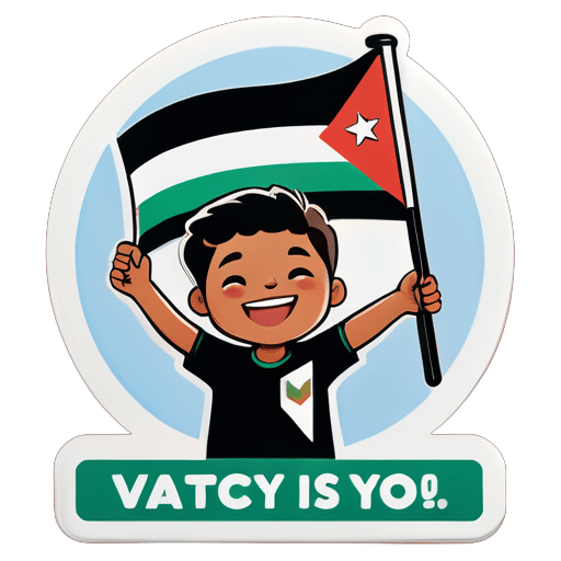 boy hold a Palestine flag and in bottom write 'The victory is near' sticker