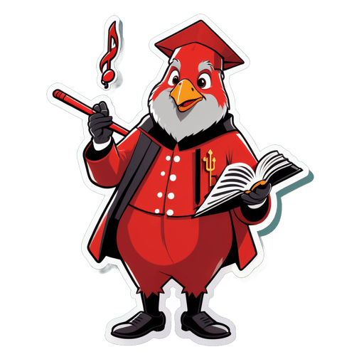 A cardinal with a songbook in its left hand and a conductor baton in its right hand sticker