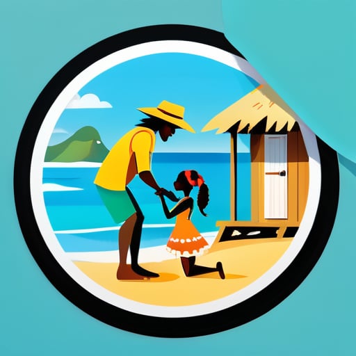 một người đàn ông cầu hôn một cô gái trên bãi biển trong căn nhà tranh sticker