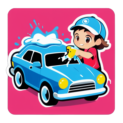 洗車場のロゴ、男性が水鉄砲で車を洗っている様子、女性が布を持って拭く準備をしている様子、車は特にきれいに洗われていて、丁寧 sticker