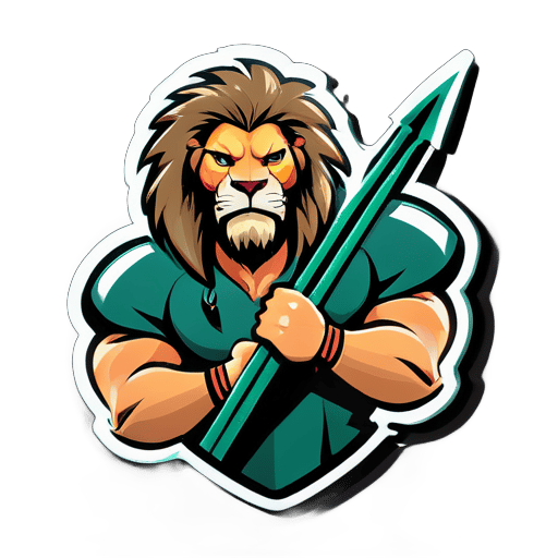 Um caçador musculoso com cabelos como os de um leão macho, rosto humano, carregando um arco e flecha. sticker
