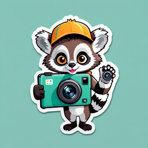 A lemur with a camera in its left hand and a travel guide in its right hand sticker