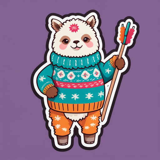 An alpaca with a woolly sweater in its left hand and knitting needles in its right hand sticker
