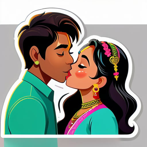 Myanmar 여자인 Thinzar가 인도 남자인 프린스와 사랑에 빠져 키스하는 중입니다 sticker