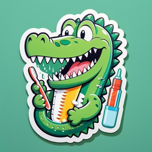 Um crocodilo com uma escova de dentes na mão esquerda e um tubo de pasta de dente na mão direita sticker