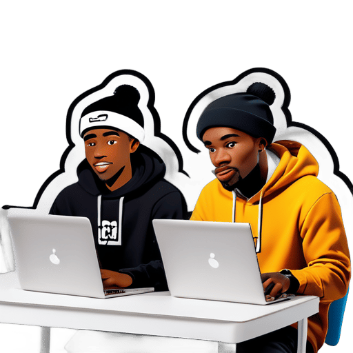 un gars blanc et un gars noir assis à une table avec des ordinateurs portables en train de travailler, tous deux portant des bonnets sticker