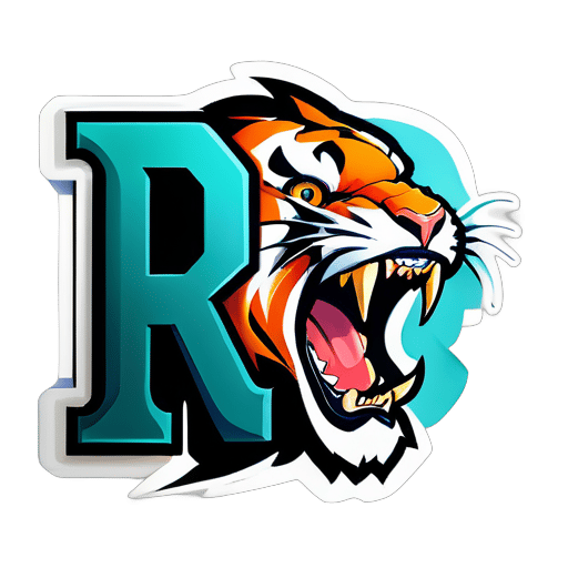 CAPITAL LETTER  R(full LETTER ) ON TOP AND  POWERFUL  WITH FEROCIOUS FACED TIGER  ROARING BELOW (REDUCE SIZE OF TIGER ROARING) sticker