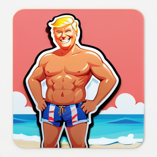 Trump on a beach with his shirt off smiling sticker