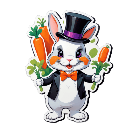 Um coelho com uma cenoura na mão esquerda e um chapéu alto na mão direita sticker