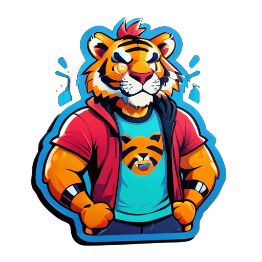 An anthropomorphic tiger wears a T-shirt printed with HXY sticker