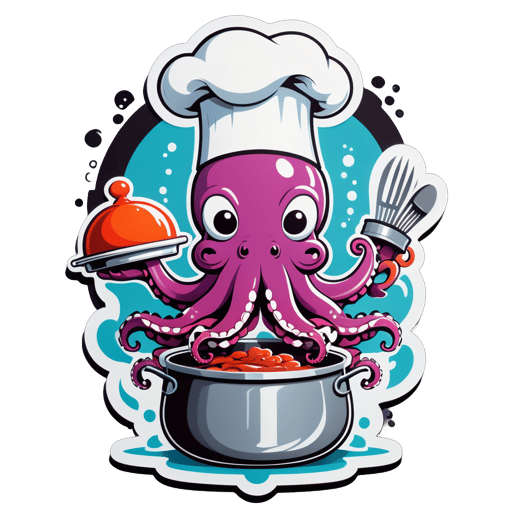 一只章鱼，左手戴着厨师帽，右手拿着烹饪锅 sticker