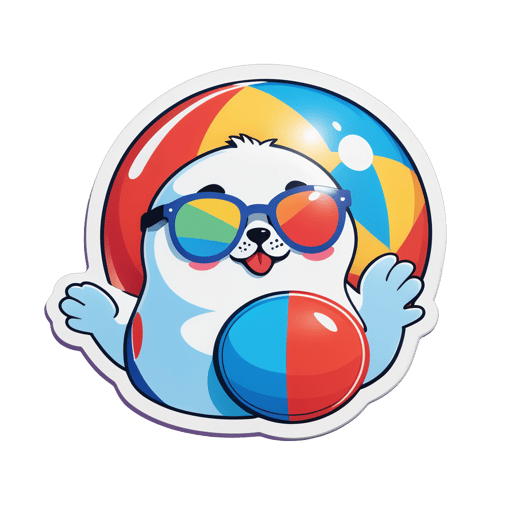 A seal with a beach ball in its left hand and a pair of sunglasses in its right hand sticker