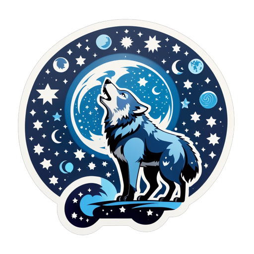 A wolf with a moon pendant in its left hand and a star chart in its right hand sticker