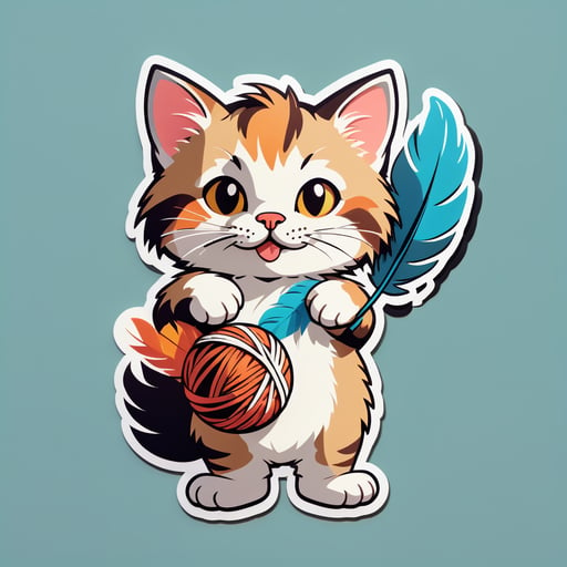 Un gato con una pluma en su mano izquierda y una bola de estambre en su mano derecha sticker