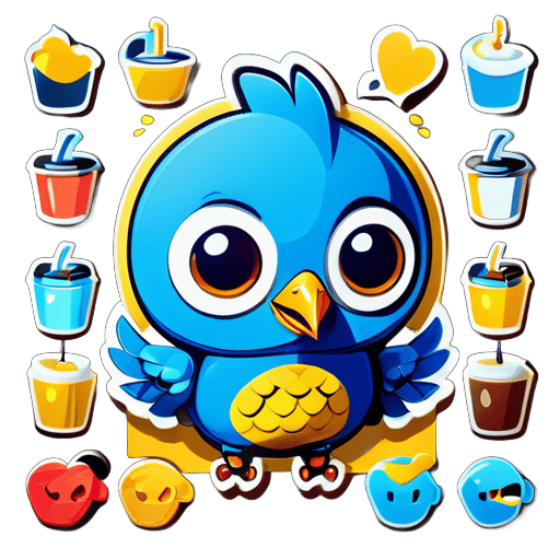 24 conjuntos de pegatinas HD de dibujos animados, cada pegatina está animada con una expresión o acción diferente, como 'escribiendo código', 'tomando un descanso', 'tomando café', 'dando un discurso', etc. sobre un fondo blanco en un estilo de arte vectorial con un diseño limpio, colorido y plano, con bordes blancos alrededor de las pegatinas en todos los lados. El personaje principal es un pájaro robótico antropomórfico, el pájaro robot azul tiene amarillo sticker