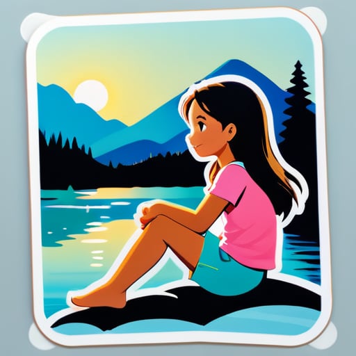 one girl sitting near lake sticker