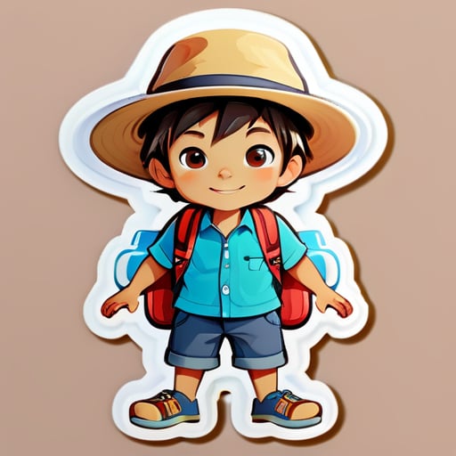 Một cậu bé nhỏ, đội mũ, mặc bộ đồ du lịch sẵn sàng đi du lịch sticker