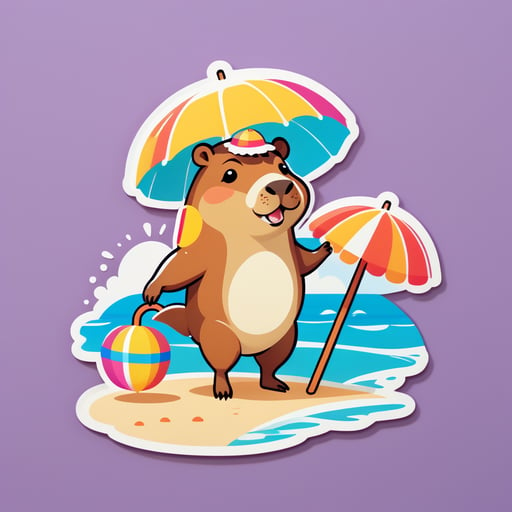 一隻水豚，左手拿著游泳圈，右手拿著沙灘傘 sticker