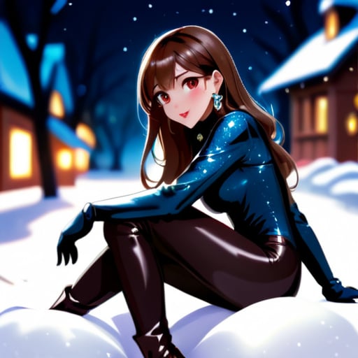 1girl, solo, long hair, breasts, looking at viewer, bangs, brown hair, long sleeves, brown eyes, jewelry, medium breasts, sitting, very long hair, closed mouth, earrings, boots, outdoors, shiny, blurry, lips, bodysuit, night, blurry background, skin tight, snow, shiny clothes, snowing, red lips sticker