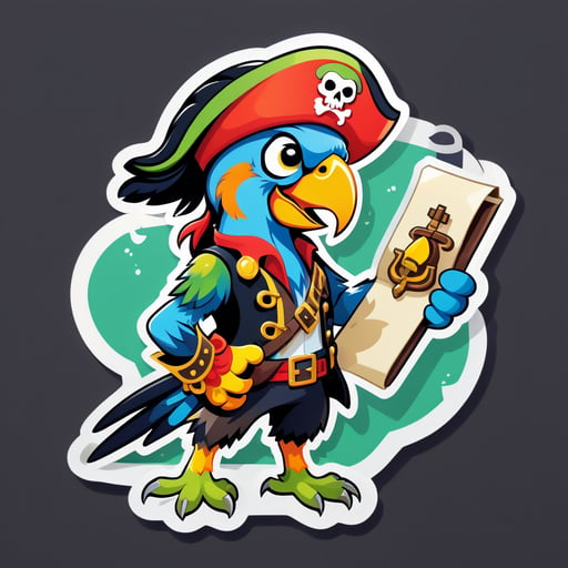Un perroquet avec un chapeau de pirate dans sa main gauche et une carte au trésor dans sa main droite sticker