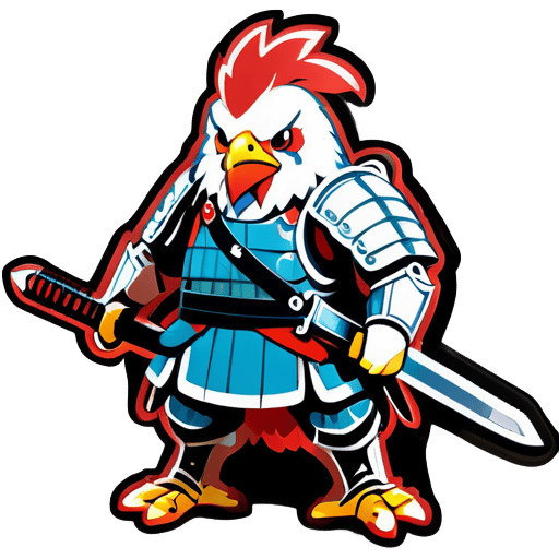 A chicken wearing the armor of a Japanese general, holding two long swords, with scars on its face, in a tired state from battle, and with multiple bleeding wounds on its body sticker