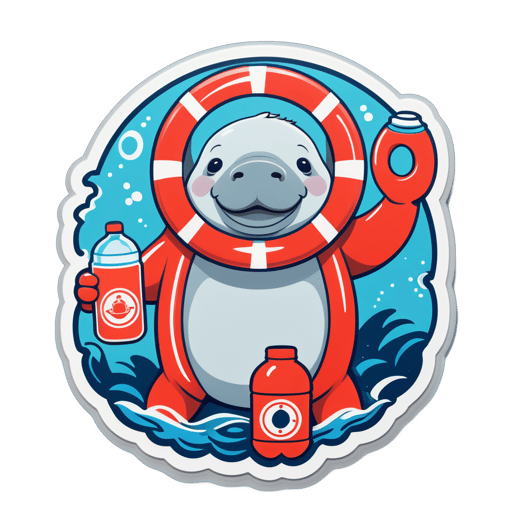 A manatee with a lifebuoy in its left hand and a water bottle in its right hand sticker