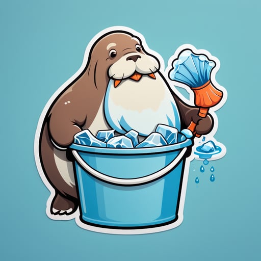 A walrus with a fish in its left hand and a bucket of ice in its right hand sticker