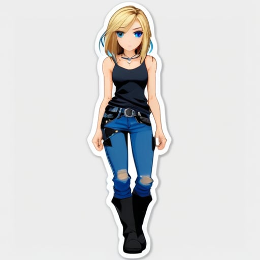 Aya Brea, She has shoulder-length blonde hair. The character's eyes are blue, giving her a sharp and focused gaze. She wears a dark black, sleeveless top with a subtle sheen, suggesting a silky or satin material, and features a series of decorative hooks down the center front. A thin, black cord necklace.Torn blue jeans along with buckled black boots that come just under her knees. The outfit incl sticker