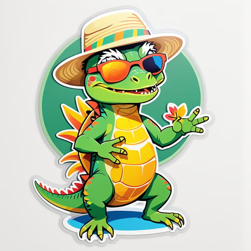 Un iguane avec un chapeau de soleil dans sa main gauche et une paire de lunettes de soleil dans sa main droite sticker