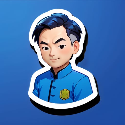 An image of a master wearing a blue work uniform, only the upper body, Chinese image sticker