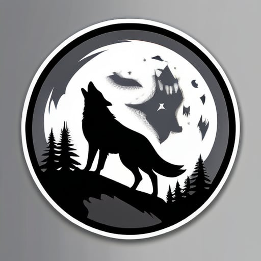 月のクレセントを背景にしたグレースケールのオオカミのシルエット。テキスト"Lunar Wolf Gaming"は洗練されたモダンで、微妙な月のテーマのアクセントが施されています。 sticker