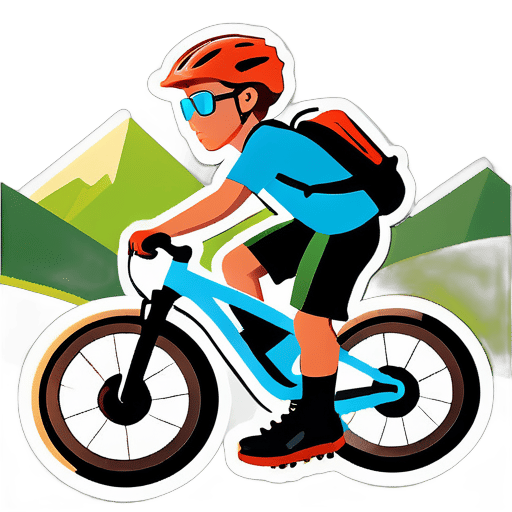 Riding a mountain bike on a mountain road, a boy wearing glasses sticker