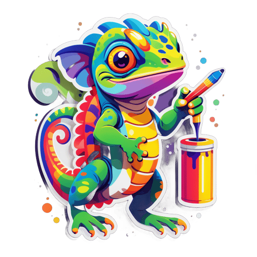 Un camaleón con un tubo de pintura en su mano izquierda y un lienzo en su mano derecha sticker