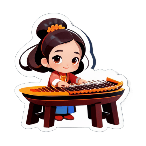 웹 사이트에 사용할 만화 프로필 이미지를 디자인해주세요. 작은 소녀가 가야금을 연주하고 있는 중국적이면서도 현대적이면서도 고전적인 스타일입니다. sticker